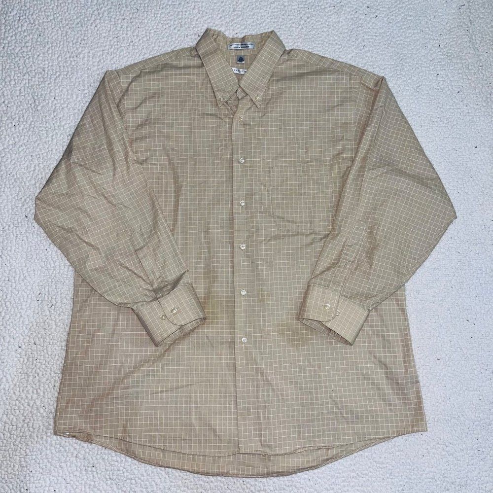 Geoffrey Beene Long Sleeve Button Down Shirt Tan Men 17.5 32/33 Work Wedding